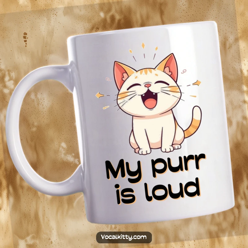 Funny mug with a cat character loudly meowing, emitting amplified sound waves from its open mouth. Ideal for expressing emotions with humor.