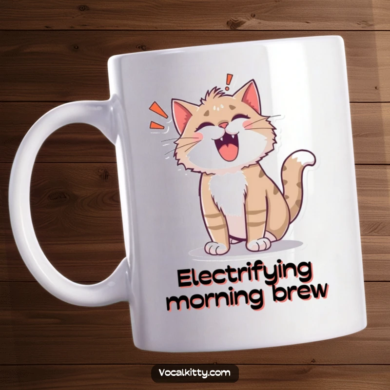 Funny shocked cat mug, fur on end, with a cartoonish 'ROAR!' sound bubble. Hilarious surprise feline.