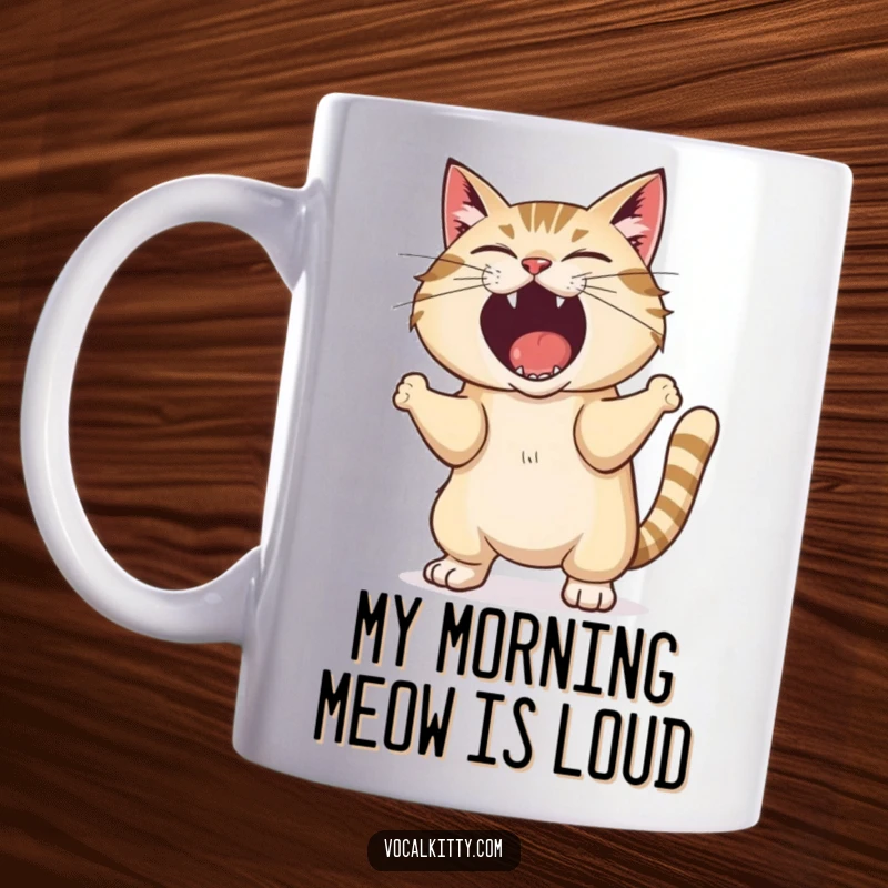 Funny mug depicting a cat with its whole body shaking as it lets out an exaggerated, loud shout.