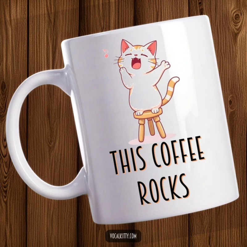 Funny singing cat mug, standing on a stool, belting out a song with joyful gusto and passion.