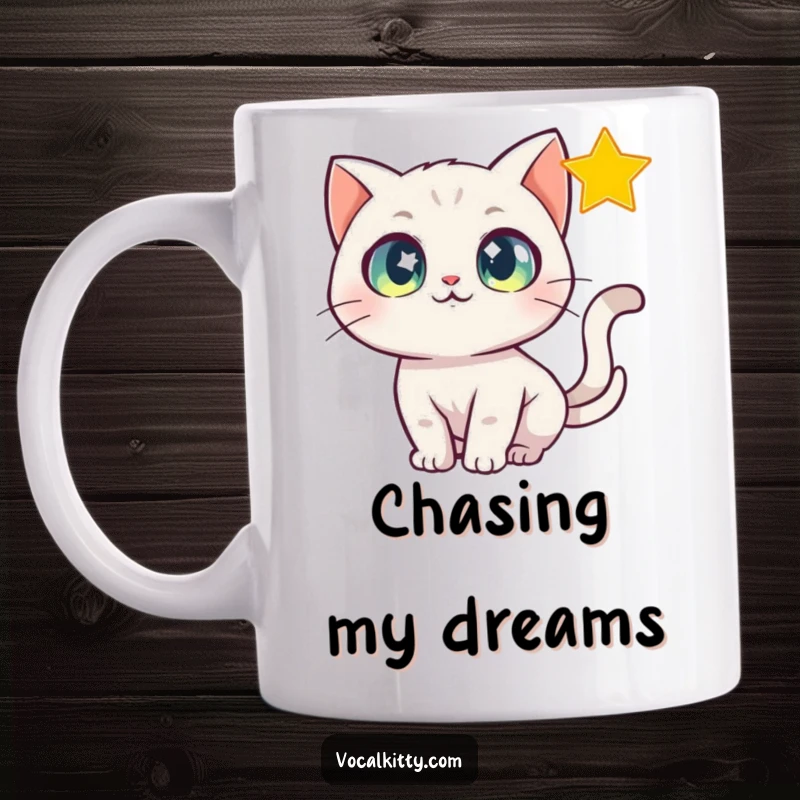 Funny Mug featuring a cat with wide, sparkling eyes joyfully chasing a shimmering star, embodying wonder.