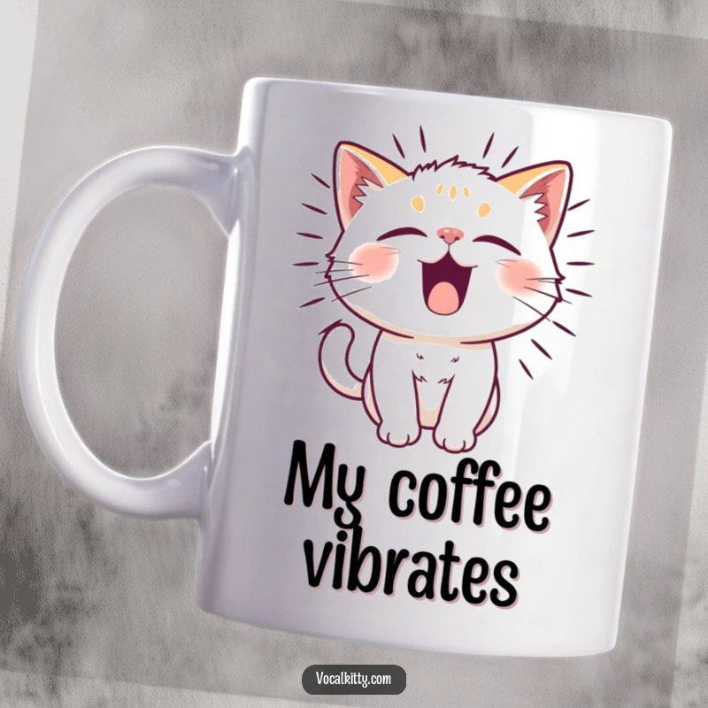 Funny cat character whose fur vibrates intensely from a powerful, funny noise, depicted on a mug.