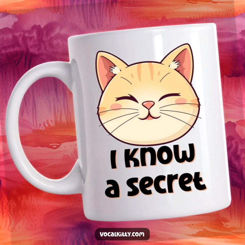 Funny cat mug featuring a cartoon cat face with whiskers playfully forming a winking expression, conveying a sense of sly humor.