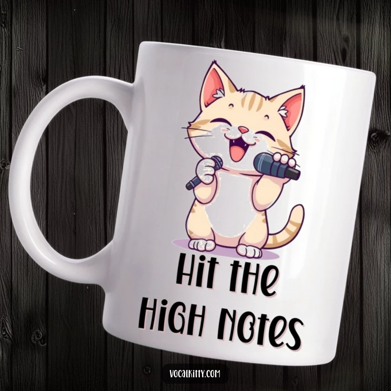 Funny mug featuring a small cat holding a microphone, paws raised, belting out a song with humorous passion.