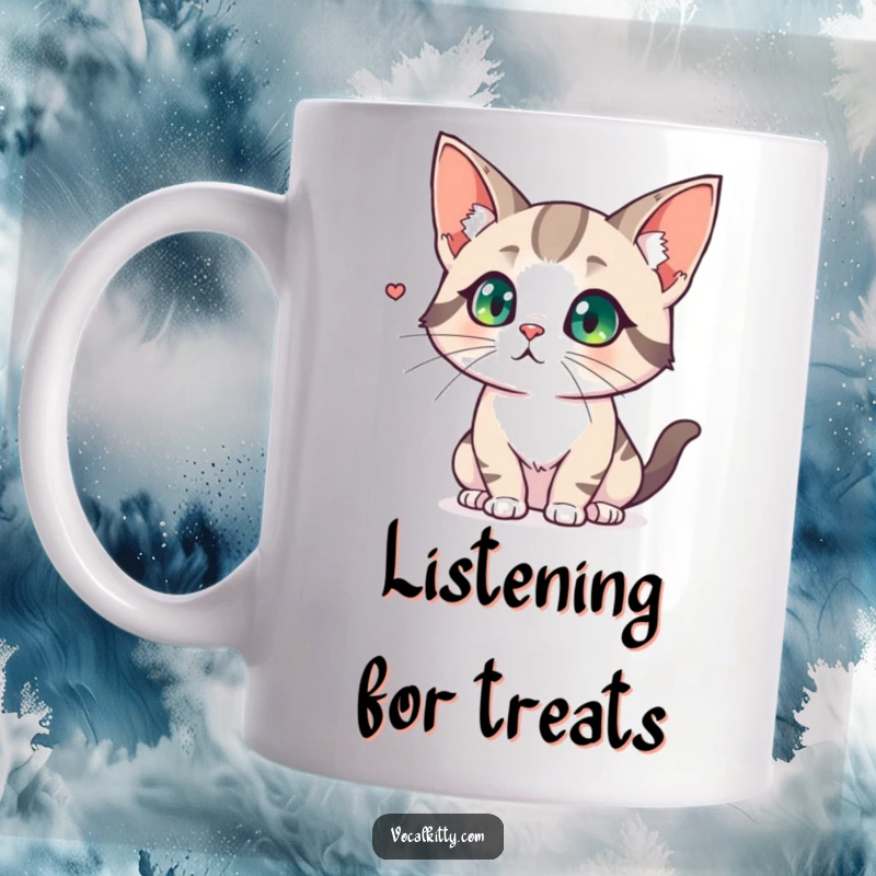 Funny mug showing a cat with comically large, flared ears, intensely focused on a subtle, distant noise.