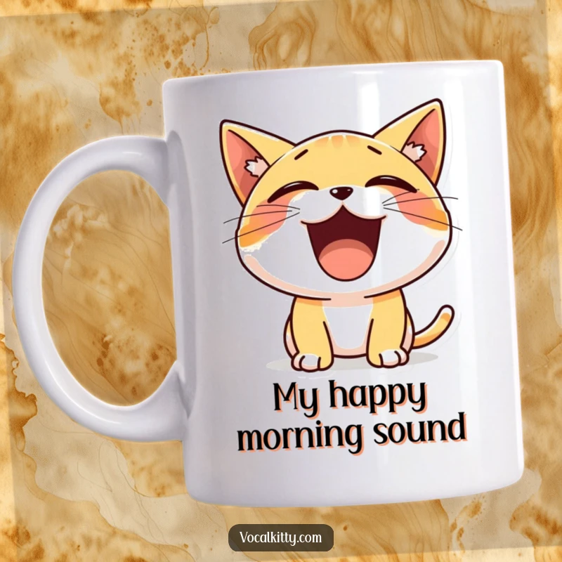 Funny mug with a tiny, energetic cat character joyfully yelling with an extremely wide-open mouth, radiating happiness.