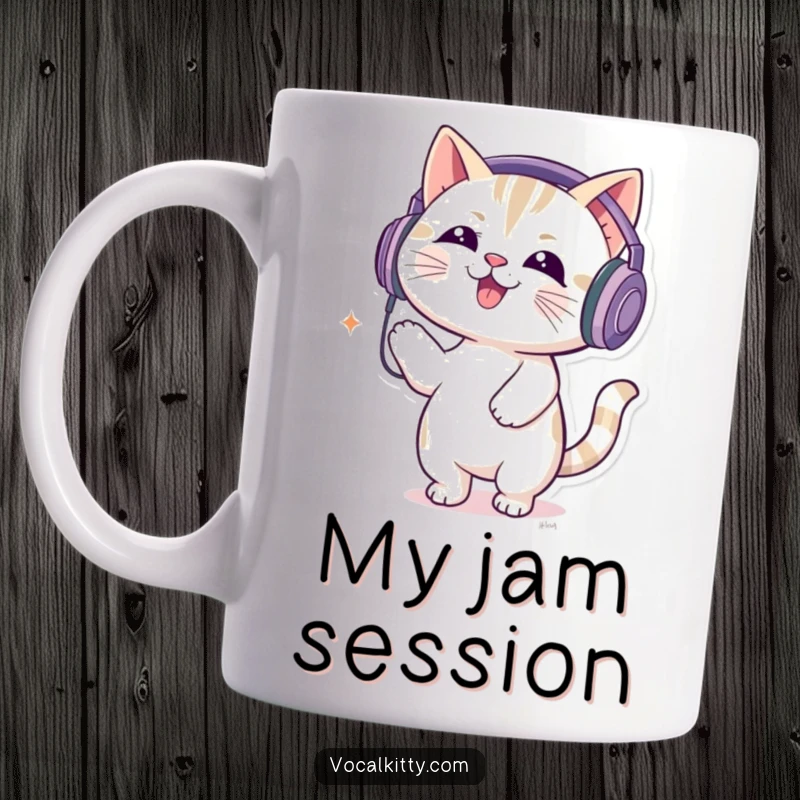 Funny mug featuring a cat character wearing oversized headphones, happily bouncing to the rhythm of loud music.