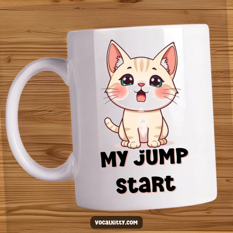 Funny surprised cat mug, ears perked high, eyes wide, reacting to a sudden, loud noise with humorous shock.