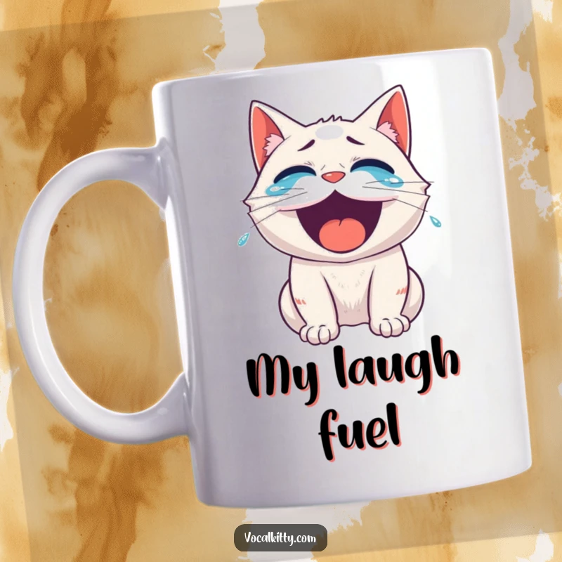 Funny cat mug, roaring with laughter, tears streaming down its face. An image of extreme, joyful hilarity.
