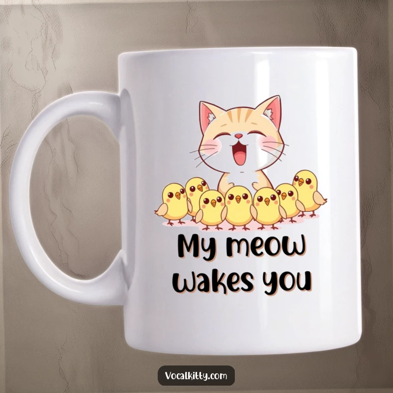 Funny cat character loudly meowing, startling tiny wide-eyed birds, who are flying away in surprise, on a mug.