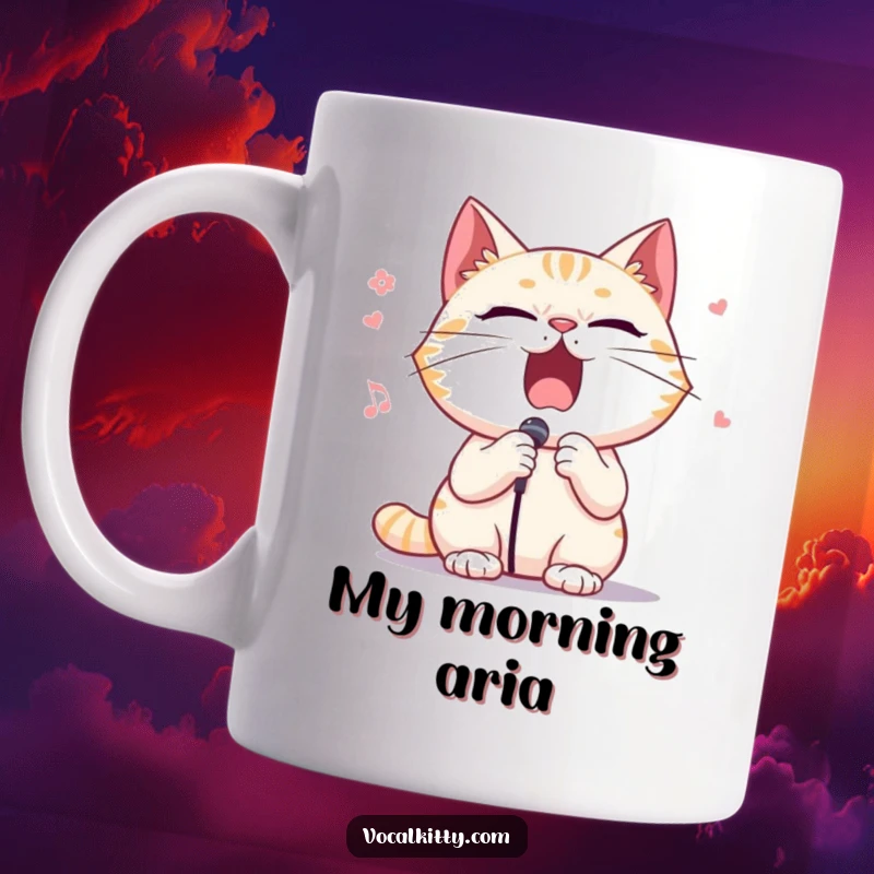 Funny mug showcasing a cat character singing opera with exaggerated facial expressions and dramatic flair, mid-aria.