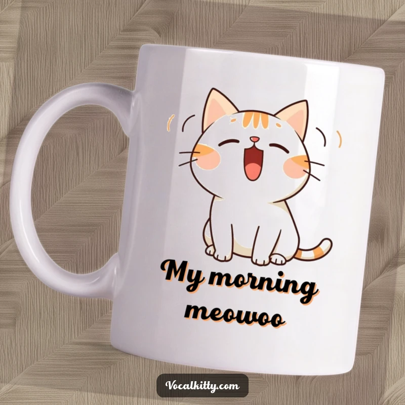 Funny mug showcasing a simplified cat character with its mouth wide open, emitting prominent sound waves, indicating a loud meow.