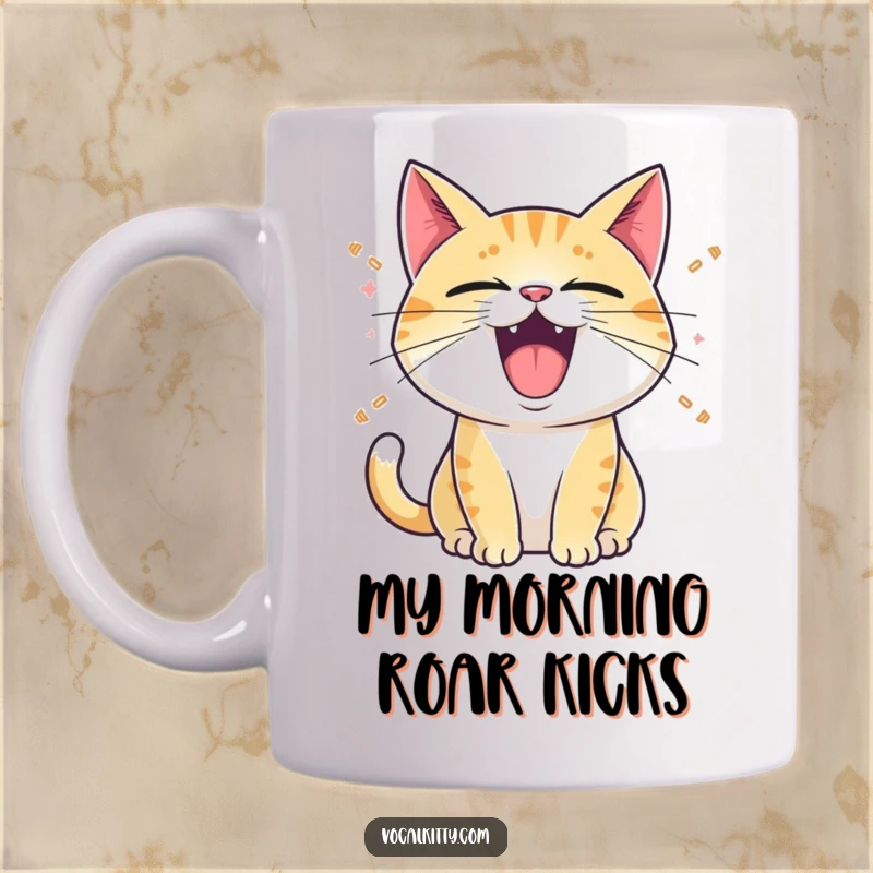 Funny Mug: A cat with its mouth wide open, emitting comical cartoon sound waves, conveying loud meows or purrs.