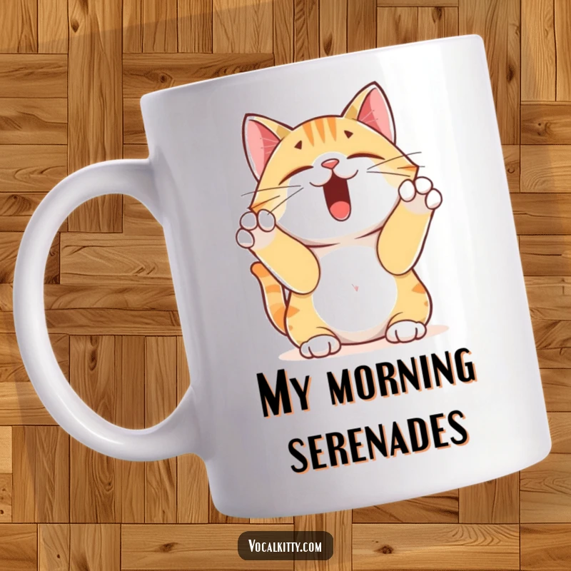 Funny yodeling cat mug with paws over ears, looking intensely happy while singing its heart out. Perfect gift for cat lovers.