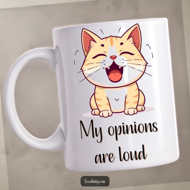 Funny cat mug depicting a cat with its mouth wide open, emitting sound waves, representing a loud meow.