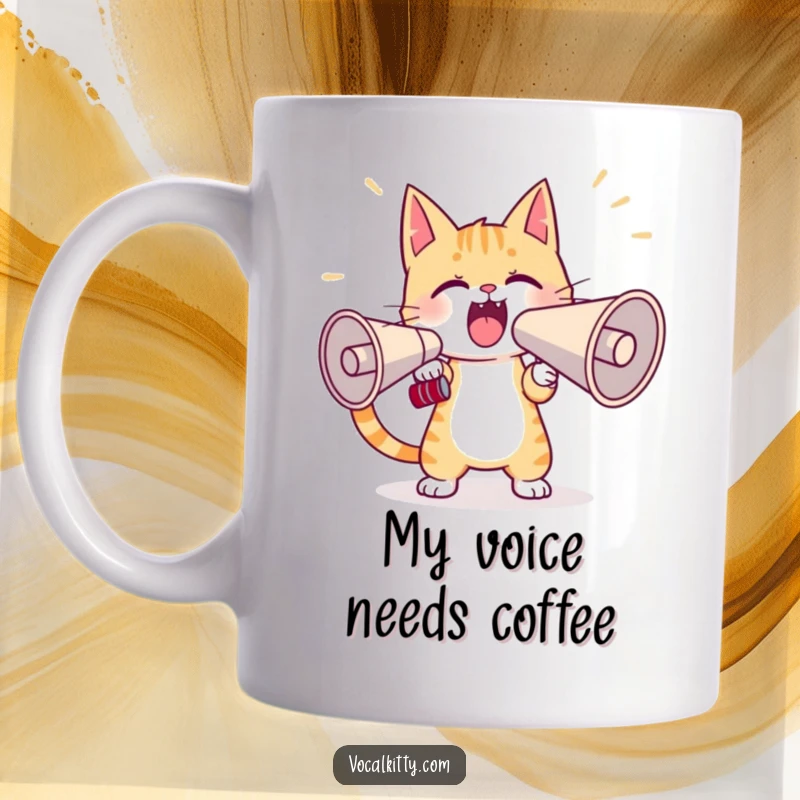 Funny cat mug showing a determined feline character practicing yelling loudly into a massive megaphone, ready to broadcast its message.