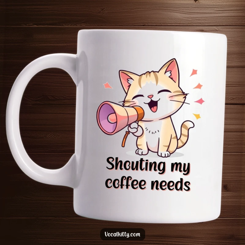 Funny mug showing a cat holding a megaphone, emitting colorful sound waves, perfectly capturing a bold and vocal feline personality.