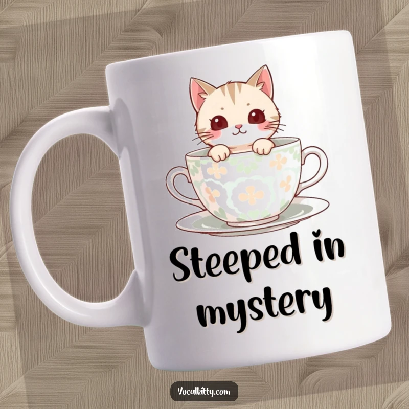 Funny Mug featuring a cute cat peeking out from the rim of an oversized, patterned teacup.