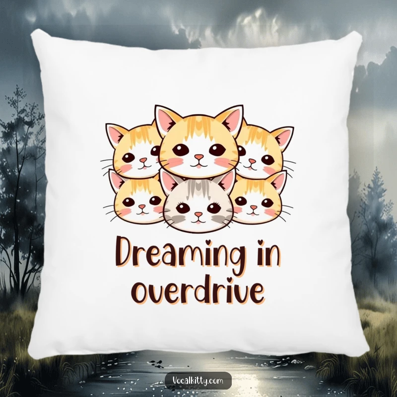 Funny cat pillow adorned with multiple small cartoon cat faces and their whiskers radiating outwards, perfect for cozying up with humor.
