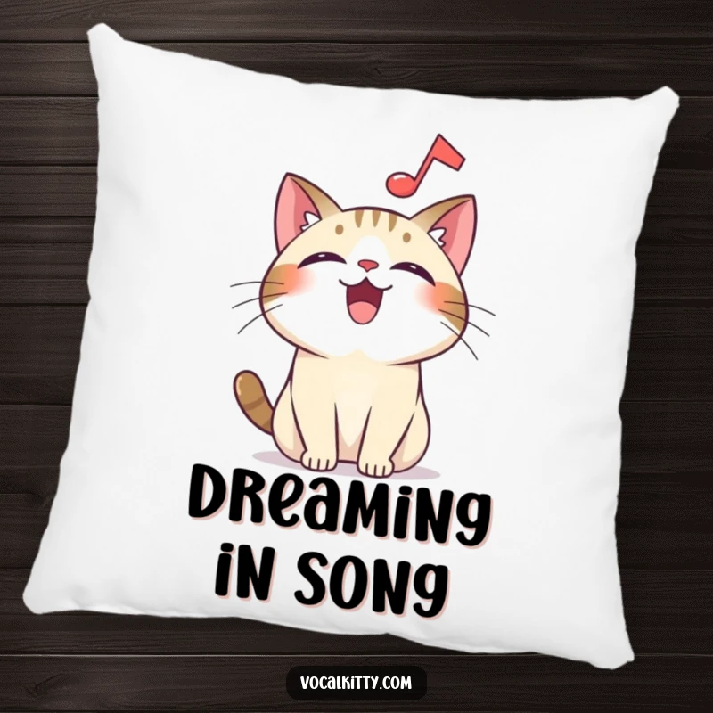 Funny overjoyed cat pillow, a musical symbol above, bringing a cozy and humorous musical atmosphere.