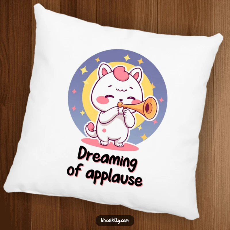 Funny pillow illustrating a character using its voice box as a trumpet, spreading vibrant sounds and cozy vibes.