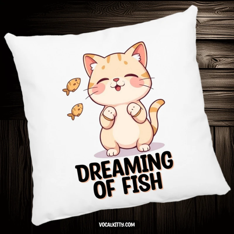 Funny cat pillow with a character playfully juggling three tiny fish with its paws, offering soft comfort and humorous visual appeal.