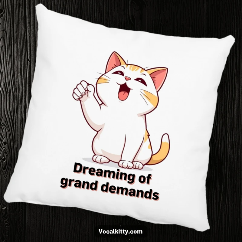 Funny pillow featuring a black cat dramatically pointing a paw skyward, bellowing with intense, comical sound effects.