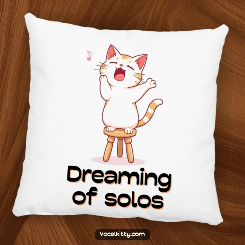 Funny singing cat pillow, standing on a stool, performing a song with enthusiastic gusto.