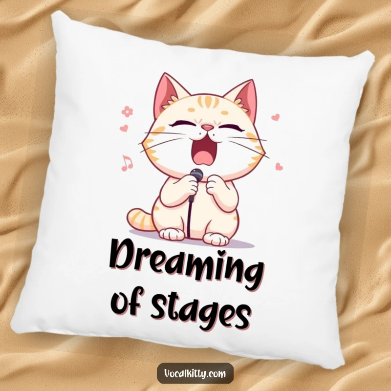 Funny pillow featuring a cat character performing opera with exaggerated dramatic flair, creating a cozy yet theatrical vibe.