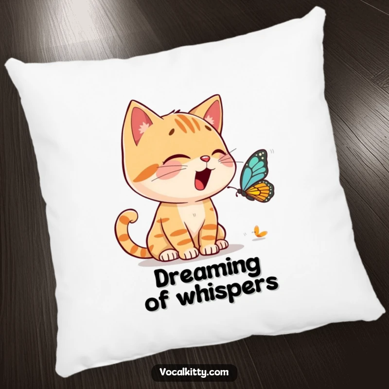 Funny Decorative Pillow of a cat character having an animated conversation with a tiny butterfly, perfect for adding charm.