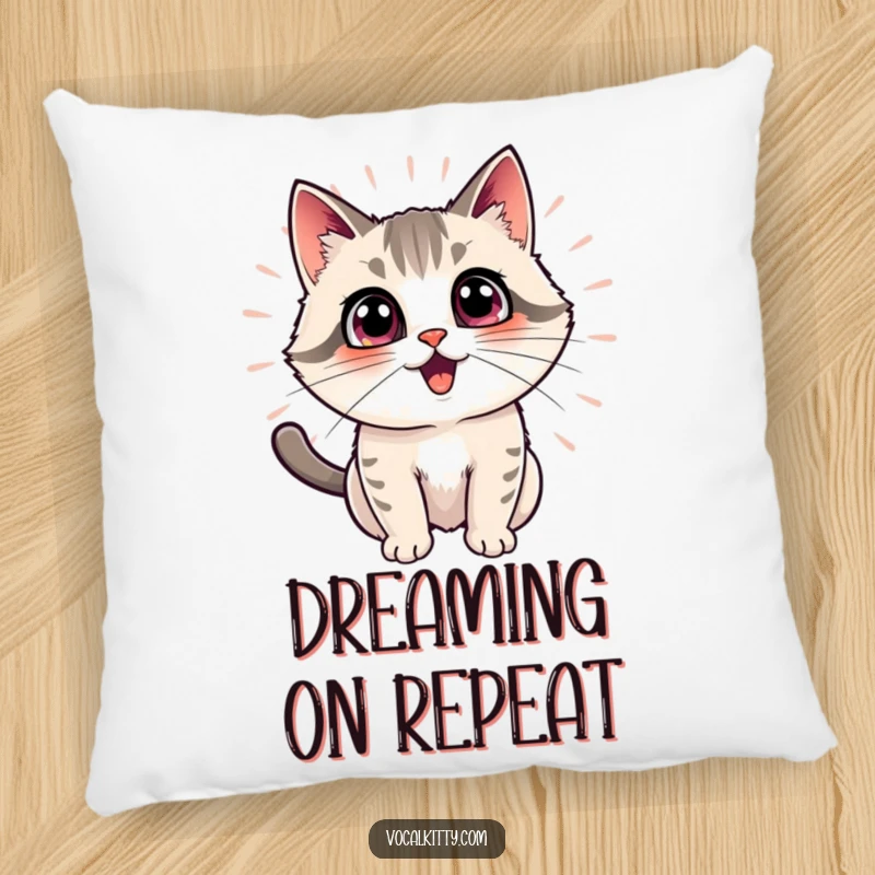 Funny cat pillow featuring an excited cat with radiating echo effects, symbolizing boundless joy and infectious enthusiasm.
