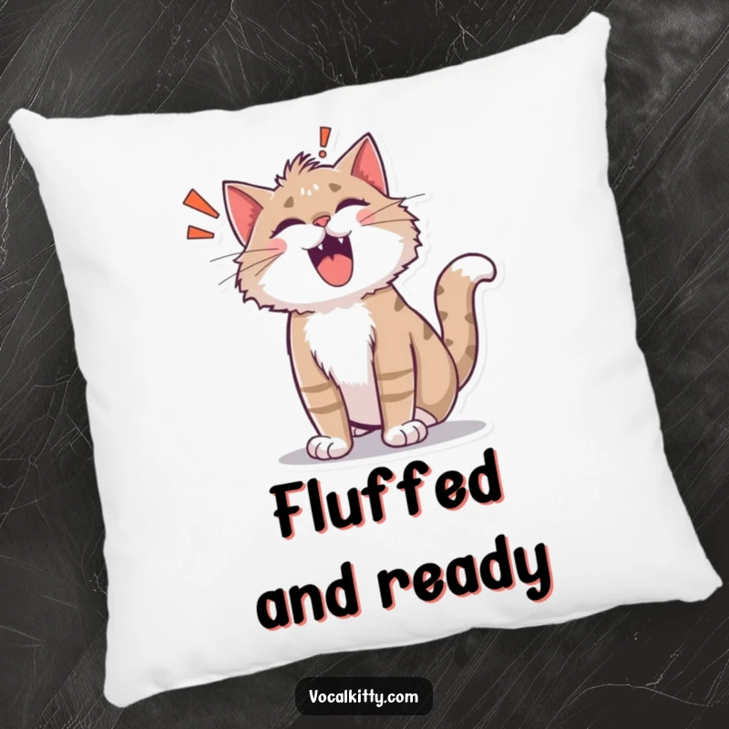 Funny shocked cat pillow, fur standing on end, with a cartoon 'ROAR!' bubble. Soft and comically surprised.