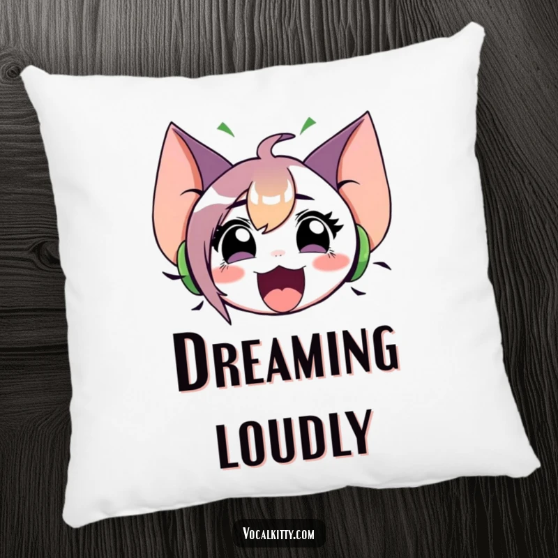 Funny pillow featuring a character with oversized ears, emitting sound waves from an open mouth. Soft and expressive.