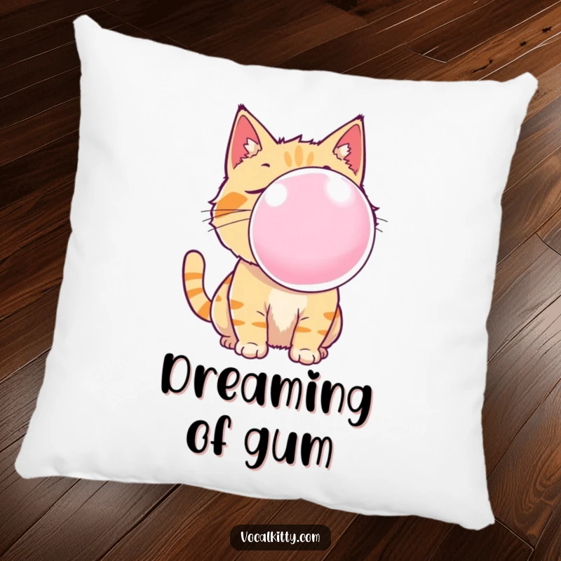 Funny cat pillow cushion featuring a delightful feline blowing a huge, translucent bubble gum bubble, perfect for adding humor to any room.