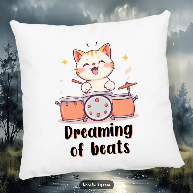 Funny cat pillow, drumming on pots and pans, comical and soft.