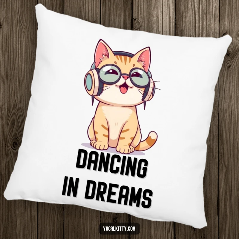 Funny pillow displaying a cat wearing large headphones, enthusiastically bobbing its head to music, enjoying the rhythm.