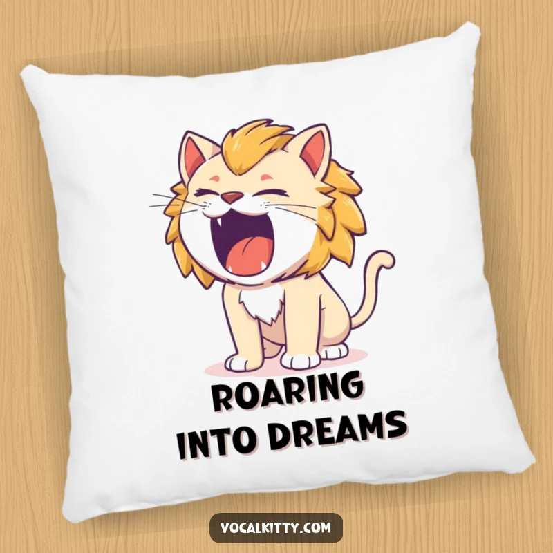 Funny cat pillow, roaring like a tiny lion, comical and soft.
