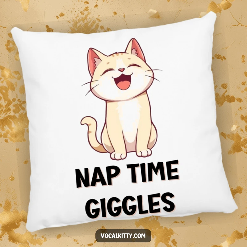 Funny pillow showcasing a delightful cartoon cat character laughing heartily, head tilted back in a moment of pure, uninhibited amusement.