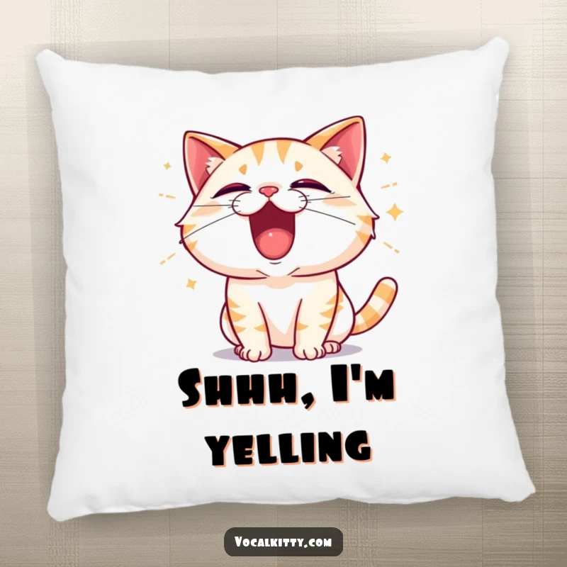 Funny Cat Shouting with Excitement, Sound Waves Emanating Pillow - Soft & Joyful