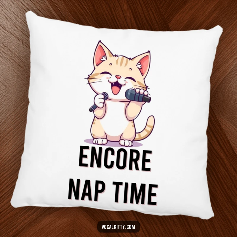 Funny pillow featuring a small cat holding a microphone, paws raised mid-song, bringing humorous performance vibes.