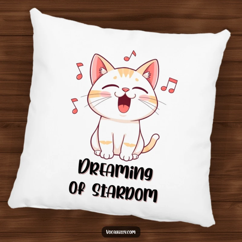 Funny pillow with a cat singing with its mouth wide open and musical notes flying out, offering comfort and a humorous musical touch.