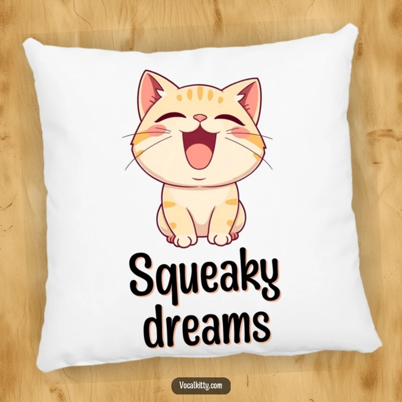 Funny pillow showcasing a cartoon cat with its mouth agape, captured in the act of letting out a delightful, joyful squeal.