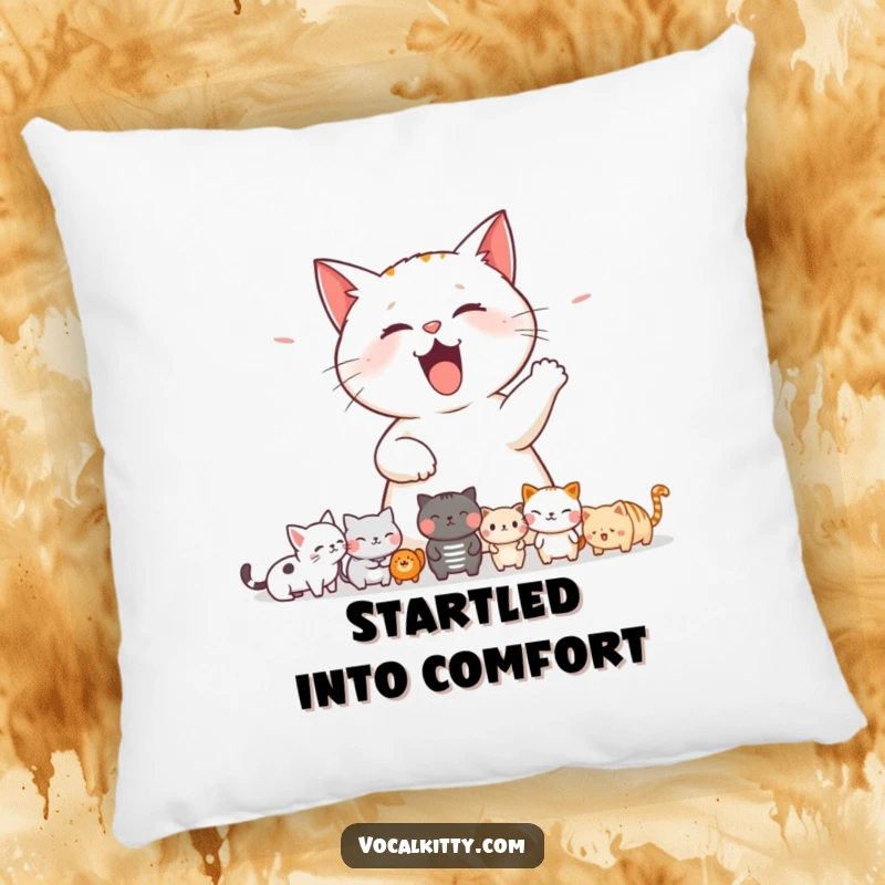 Funny cat pillow featuring a cat mid-meow, startling a line of tiny, wide-eyed creatures, bringing humor and charm to any room.