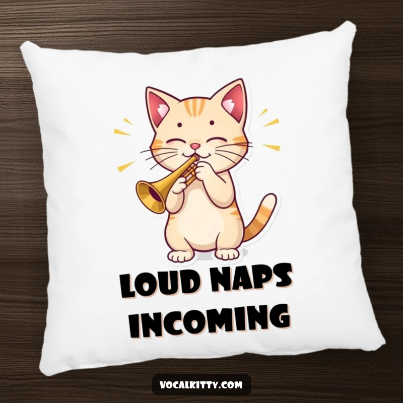 Funny Cat Pillow: A soft decorative cushion featuring a cat character playing a small trumpet, with prominent sound waves illustrating its musical output.