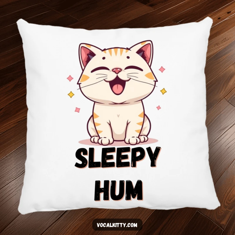 Funny pillow with a cartoon cat character whose exaggerated vocal cords are depicted vibrating with joyful, happy sound energy.