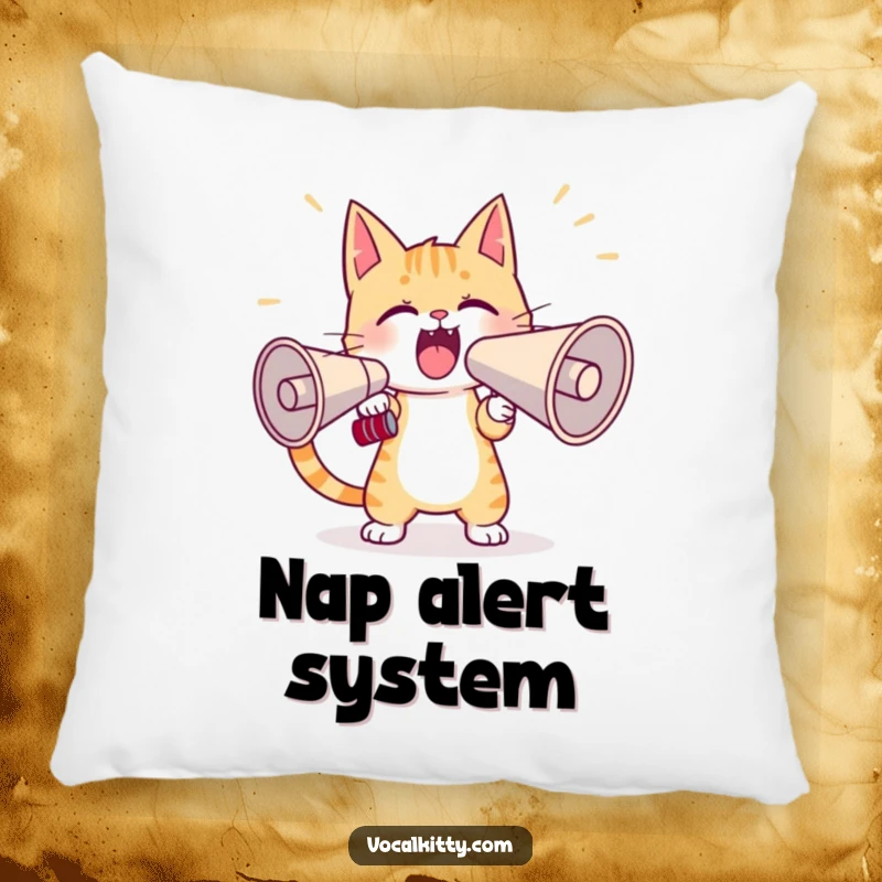 Funny cat pillow featuring a character practicing yelling into a large megaphone, bringing comfort and a comedic touch to home decor.