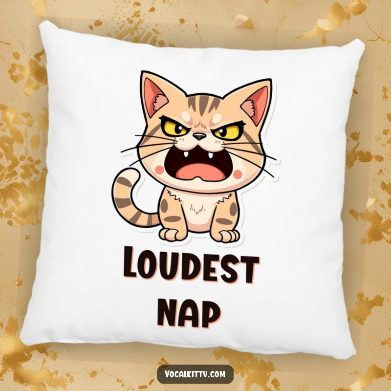 Funny cat character with a determined, loud expression, ready to unleash a big sound, on a soft pillow.