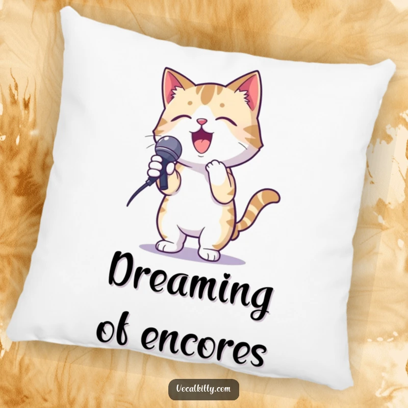 Funny pillow with a cat in a karaoke pose, holding a microphone with gusto, soft and musical.