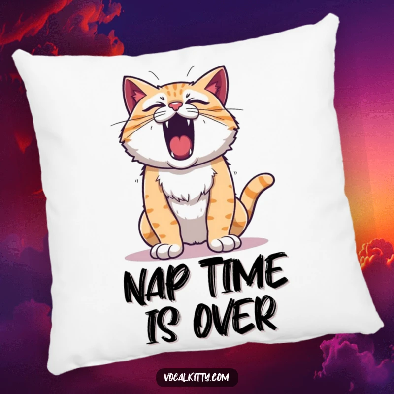 Funny roaring cat pillow, chest puffed out, depicting intense vocalization. Soft comfort with a loud design.