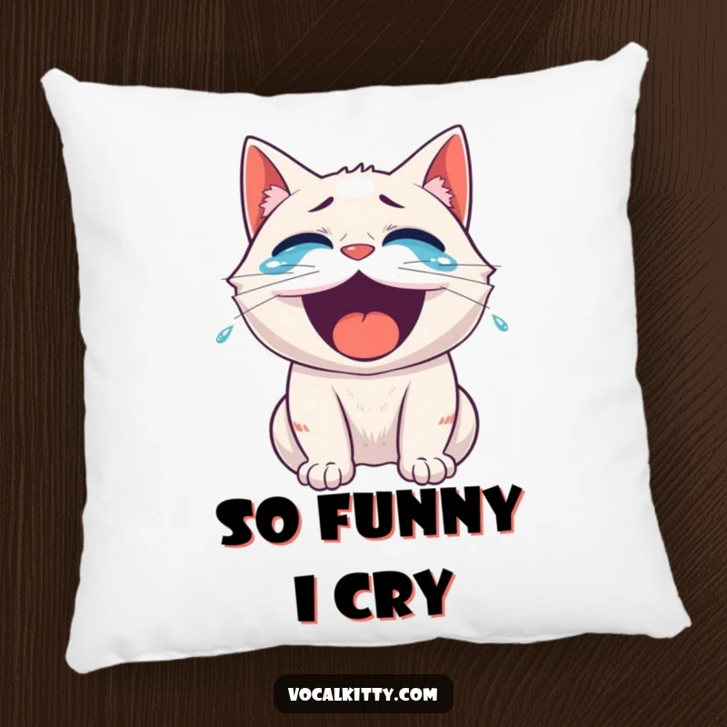 Funny roaring laughter cat pillow, tears of joy flowing, a cozy reminder of life's funniest moments.